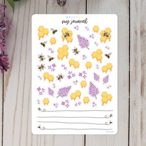 May include: A sticker sheet titled "my journal" featuring various illustrations of yellow honeycombs, honey drips, small bees, and purple lilac flower clusters. The sheet also includes four horizontal dashed lines with small bee icons at the ends.