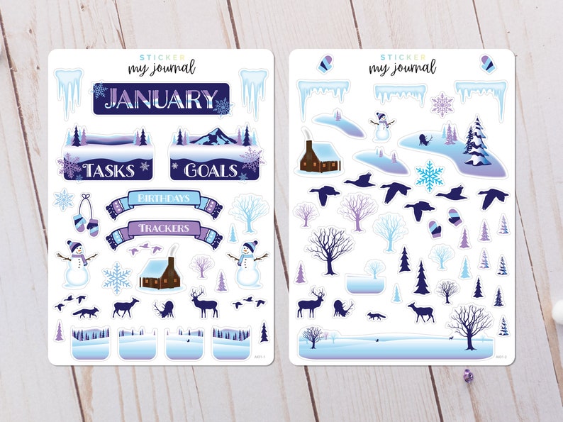 May include: Two sheets of stickers with a winter theme. The stickers include a variety of images, including snowmen, houses, trees, and snowflakes. The text "Sticker my journal" and "January" are on the sheets.