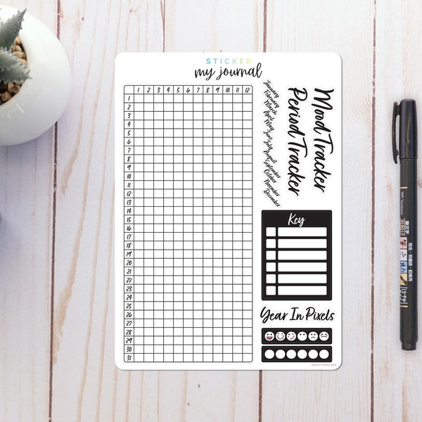 Annual Multi-Tracker | Yearly Mood, Habit, Cycle Tracking stickers for your bullet journal or planner | Year in Pixels