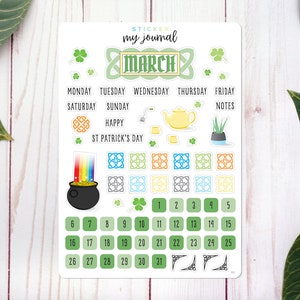 March Bullet Journal Sticker Sheet - Basics St Patrick's Day Themed Stickers for your monthly bujo or planner setup