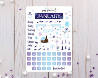 January Bullet Journal Sticker Sheet - Winter Themed Stickers for your monthly journal planner setup - Basics Monthly Calendar Stickers