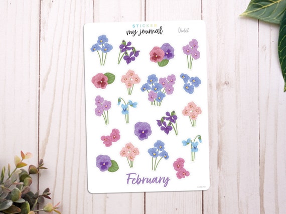 February Flowers of the Month Sticker Sheet | Violets | stickers for bullet journals, planners, scrap books, and crafts