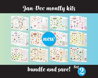 NEW 12 Pack of Full Monthly Kits - A year of themed bullet journal stickers for your monthly bujo or planner setup - 48 sheets of stickers!