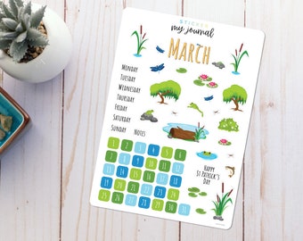 March Bullet Journal Sticker Sheet - Basics Pond Life Themed Stickers for your monthly bujo or planner setup