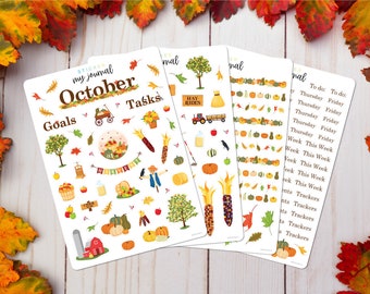 October Monthly Bullet Journal Sticker Kit - Autumn Harvest themed sticker sheets for your dotted journal, calendar, and planner setup.