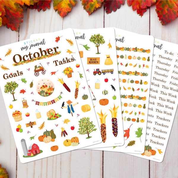 October Monthly Bullet Journal Sticker Kit - Autumn Harvest themed sticker sheets for your dotted journal, calendar, and planner setup.