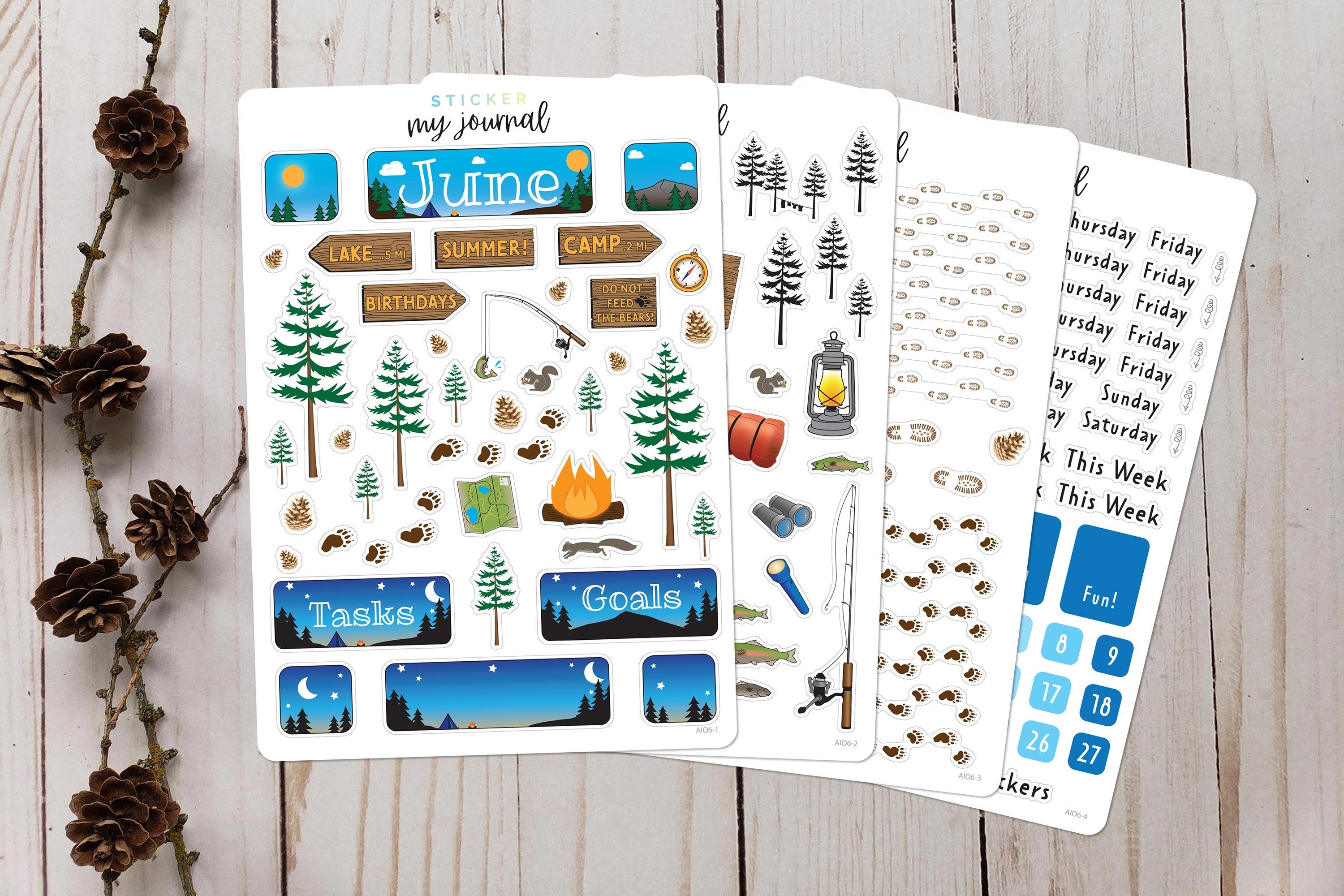 June Monthly Bullet Journal Sticker Kit - Summer Camping themed stick…