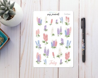 July Flowers of the Month Sticker Sheet | Larkspur | stickers for bullet journals, planners, scrap books, and crafts