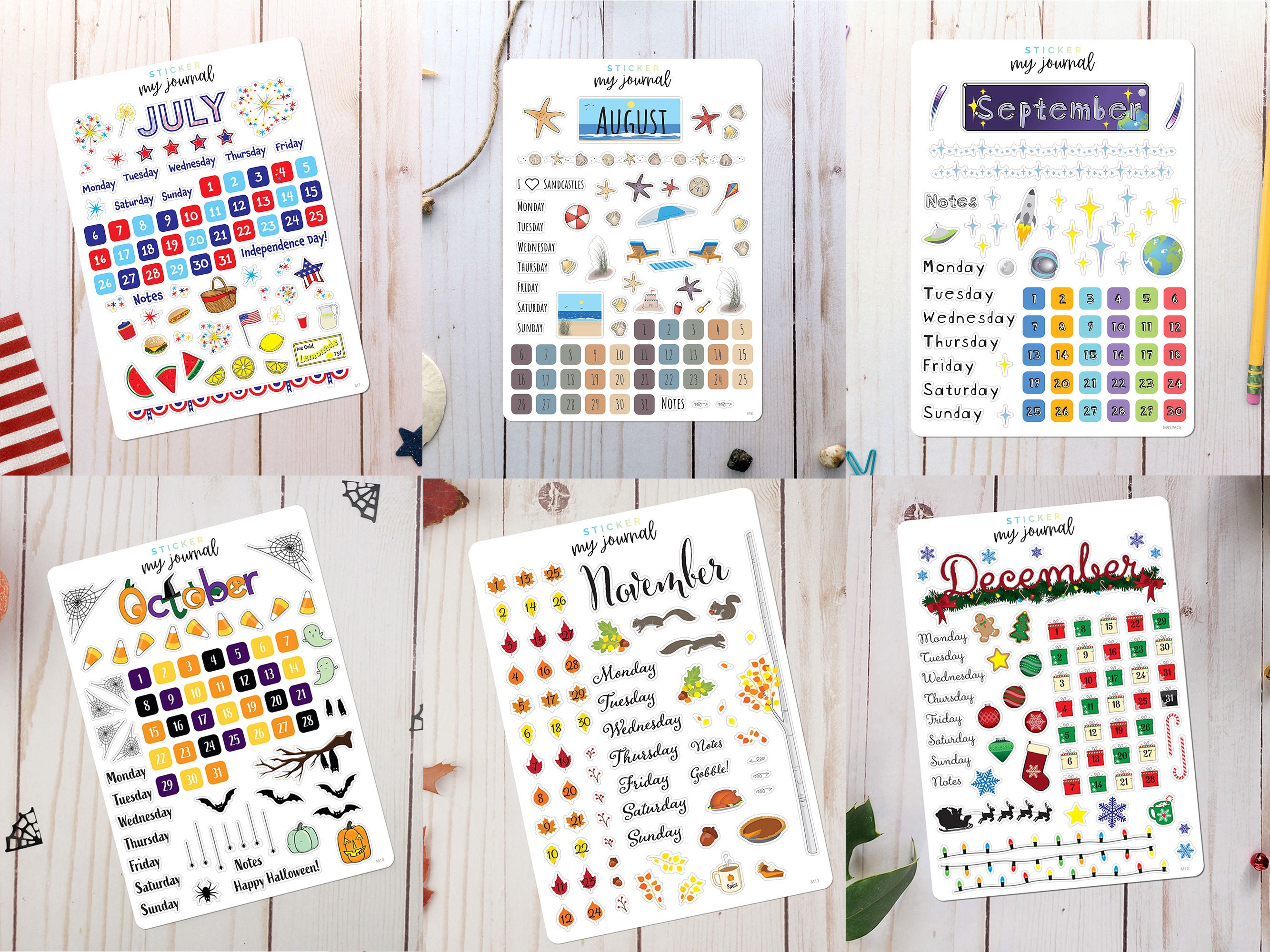 Monthly Calendar Sticker Sheets -A Full Year of Themed Bullet Journal