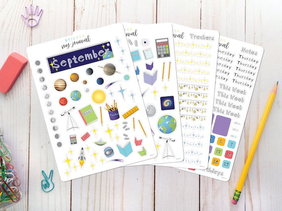 September Monthly Bullet Journal Sticker Kit - Space & Back to School themed stickers for your dotted journal and planner setup