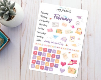 February Bullet Journal Sticker Sheet - Basics - Happy Mail Themed Stickers for your monthly bujo, calendar, or planner setup