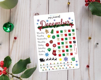 December Bullet Journal Sticker Sheet - Basics Christmas Holiday Themed Stickers for your monthly journal planner setup - 2 Paper Options