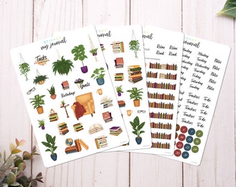 May include: Four sticker sheets labeled Sticker My Journal featuring illustrations of potted plants, stacks of books, a yellow armchair, bookshelves, and calendar elements including days of the week, dates, and text like Tasks, Goals, and Birthdays.