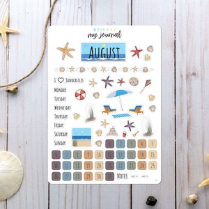 August Bullet Journal Sticker Sheet - Basics - Beach Themed Stickers for your monthly bujo or planner setup