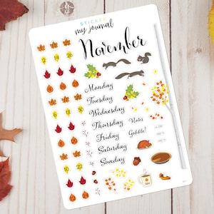 November Bullet Journal Sticker Sheet - Basics Autumn Thanksgiving Themed Matte Transparent Stickers for your monthly journal planner setup