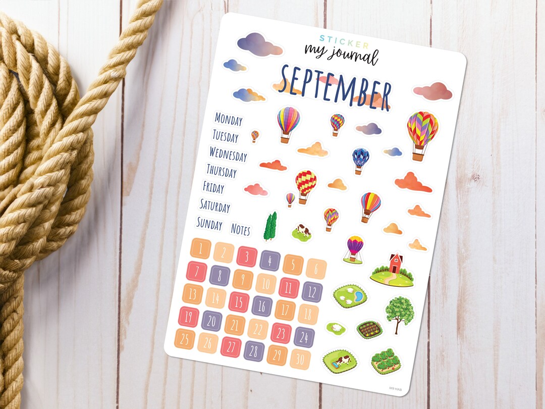 September Bullet Journal Sticker Sheet - Basics - Hot Air Balloon Ride ...