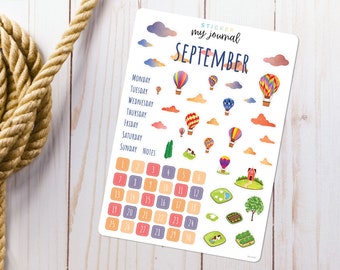 September Bullet Journal Sticker Sheet - Basics - Hot Air Balloon Ride Themed Stickers for your monthly bujo, calendar, or planner setup