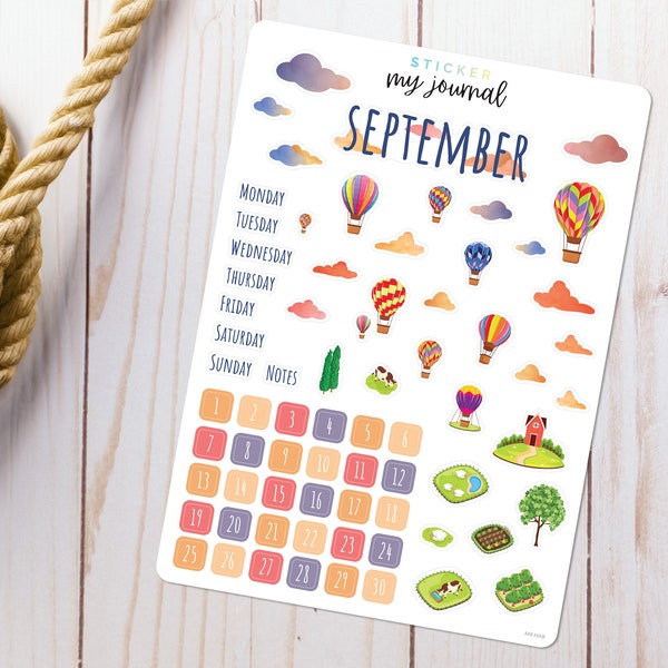 September Bullet Journal Sticker Sheet - Basics - Hot Air Balloon Ride Themed Stickers for your monthly bujo, calendar, or planner setup