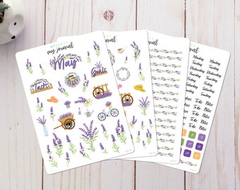May Monthly Bullet Journal Sticker Kit - Lavender themed sticker sheets for your dotted journal, calendar, and planner setup