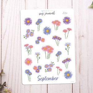 September Flowers of the Month Sticker Sheet | Aster | stickers for bullet journals, planners, scrap books, and crafts