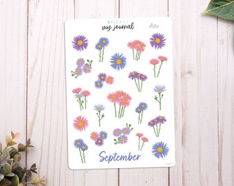 September Flowers of the Month Sticker Sheet | Aster | stickers for bullet journals, planners, scrap books, and crafts