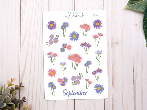 September Flowers of the Month Sticker Sheet | Aster | stickers for bullet journals, planners, scrap books, and crafts