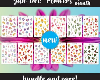 12 Pack of Flower of the Month Sticker Sheets - A full year of themed bullet journal stickers for your monthly bujo or planner setup