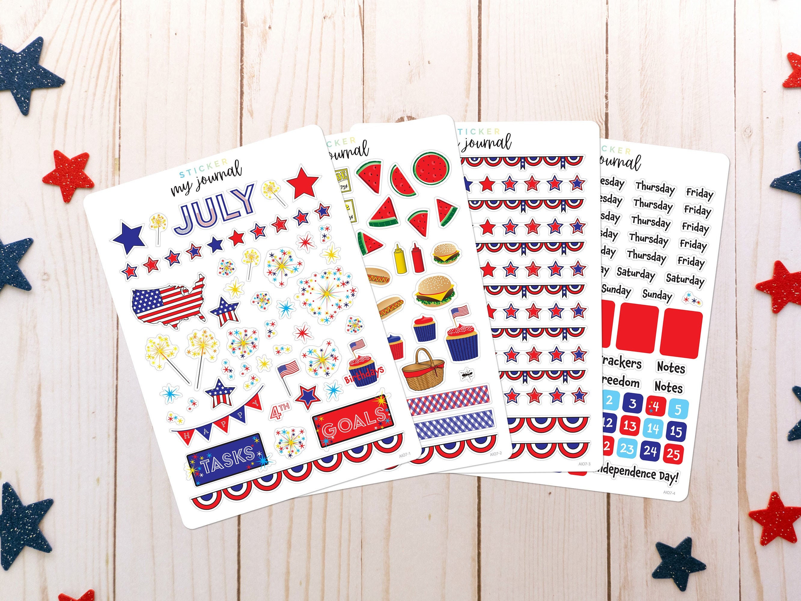 July Monthly Bullet Journal Sticker Kit - Patriotic stickers for your…