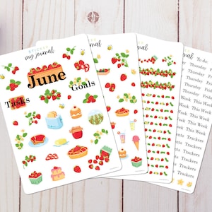 June Monthly Bullet Journal Sticker Kit - Strawberry themed sticker sheets for your dotted journal, calendar, and planner setup.