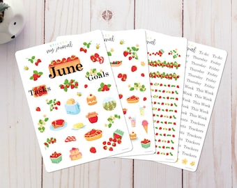 June Monthly Bullet Journal Sticker Kit - Strawberry themed sticker sheets for your dotted journal, calendar, and planner setup.