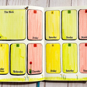 May include: A weekly planner with a nature theme. The planner has ten boxes, each with a number and a day of the week. The boxes are colored in shades of yellow, green, and pink. The boxes are decorated with butterflies, flowers, and a caterpillar.