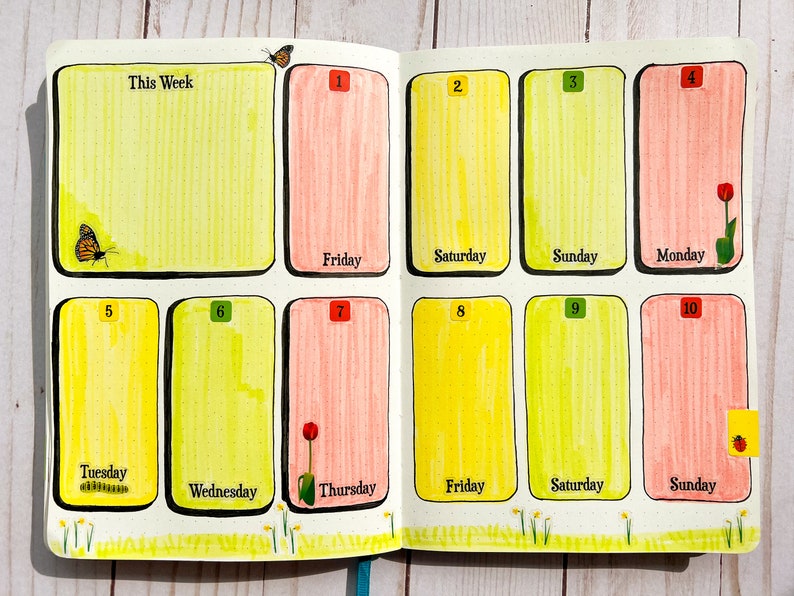 May include: A weekly planner with a nature theme. The planner has ten boxes, each with a number and a day of the week. The boxes are colored in shades of yellow, green, and pink. The boxes are decorated with butterflies, flowers, and a caterpillar.