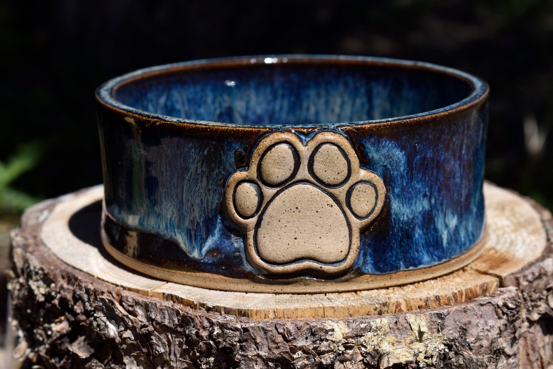 Small Blue Pet Dish With Paw Print Dog Bowl Food Dish Water Etsy