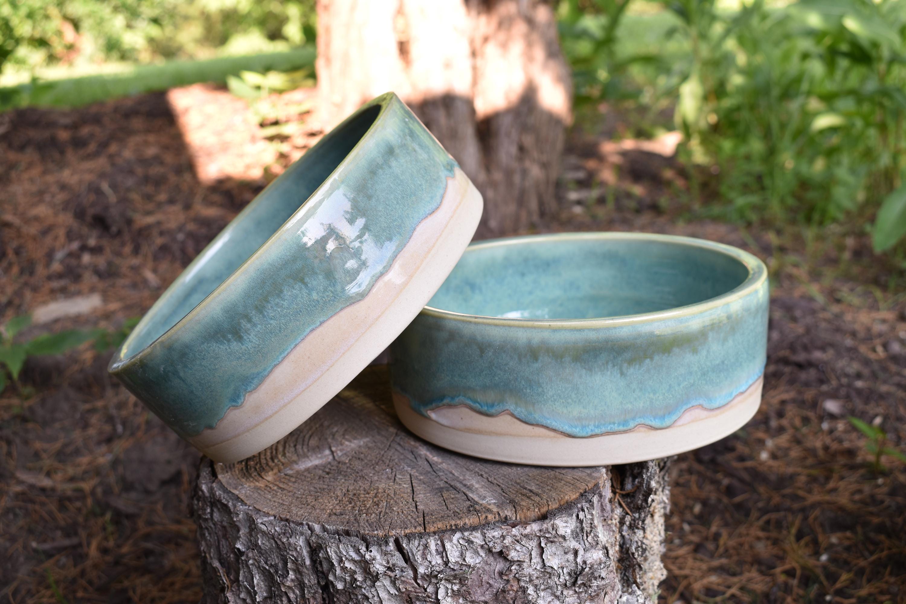Large Seafoam Pet Dish Set,  Dog Bowl, Ceramic Pet Bowls, Green, Teal, ~8x3 inches