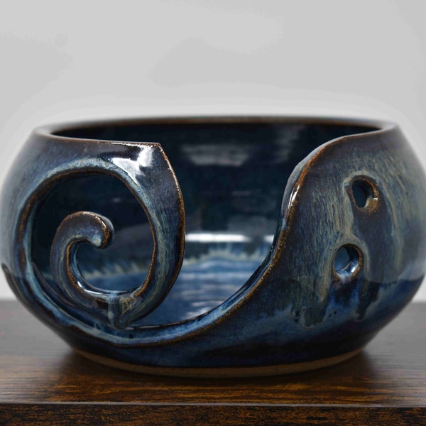 Blue Spiral Yarn Bowl, Ceramic Yarn Bowl, Knitting Bowl, 6 inch diameter by 3.5 height