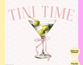 May include: A martini glass with green olives and a pink ribbon, on a white background with the text "TINI TIME" in pink.