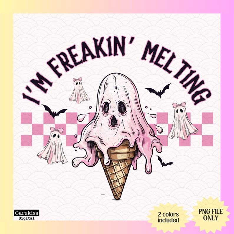 Puede incluir: Un cono de helado rosa con una cara de fantasma derriti&eacute;ndose por el lado. El texto "I'm freakin' melting" est&aacute; escrito alrededor del cono. Hay tres fantasmas en el fondo.