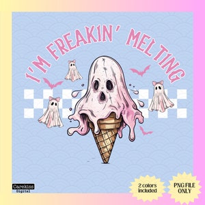 Puede incluir: Un fantasma rosa derriti&eacute;ndose en un cono de helado con el texto "I'm Freakin' Melting" sobre un fondo de cuadros rosa y blanco.