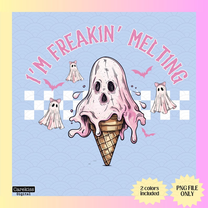 Puede incluir: Un fantasma rosa derriti&eacute;ndose en un cono de helado con el texto "I'm Freakin' Melting" sobre un fondo de cuadros rosa y blanco.