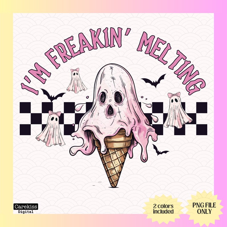 Puede incluir: Un cono de helado rosa con una cara de fantasma derriti&eacute;ndose en un charco de helado rosa. El cono est&aacute; rodeado de tres fantasmas con lazos rosas. El texto "I'm Freakin' Melting" est&aacute; escrito en un c&iacute;rculo rosa alrededor del cono de helado.