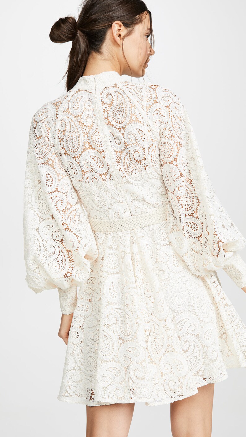Cream Lace Puff Sleeves Mini Dress | Etsy