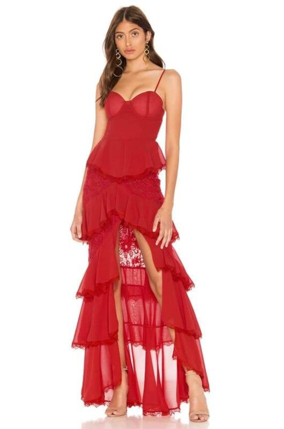 red ruffle gown