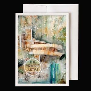 Kaufmann Waterfall House Bear Run Pennsylvania Watercolor Note Card, Wright Architectural Greeting Card, Mid-Century Modern Architecture