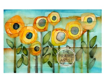 Konza Prairie Flint Hills Original Watercolor Art Print – Abstract Sunflowers Wall Art – Kansas Nature Landscape Decor – Osage Hills Prairie
