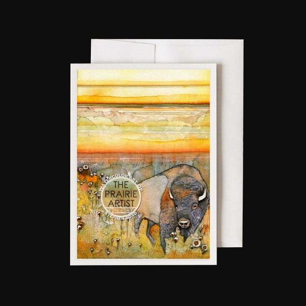 Bison, Wildflowers, and the Konza Prairie Sunset Watercolor Notecard, Kansas Plains and Flint Hills Note Card, Blank Card, "Great Plains"