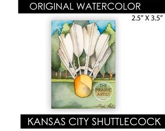 Kansas City Shuttlecock Watercolor Art, 2.5 x 3.5 Original Painting, Not a Print, Giant Claes Oldenburg Sculpture Nelson Atkins Museum