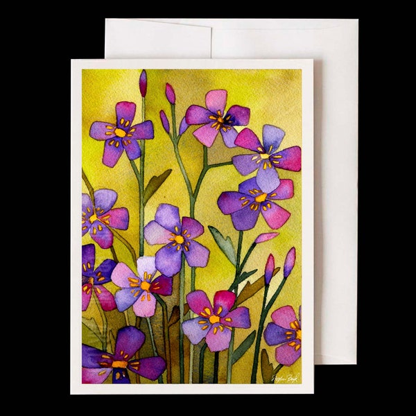 Wild Purple Phlox Watercolor Card, Spring Lavender Wildflowers Note Card, Violet Blooms Arts & Crafts Style, Mission Style Art, Flower Art