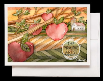 Apple Harvest on Prairie Farm Watercolor Note Card, Apple Trees in Autumn Artwork, Orchard Art Greeting Card, Red Apples & Farmland Notecard