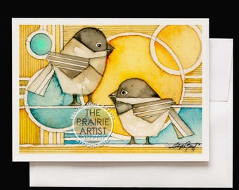 Prairie Chickadees Watercolor Note Card, Bird Lover Card, Black Capped Chickadee Art, 5 x 7 Prairie Style Inspired Greeting Card