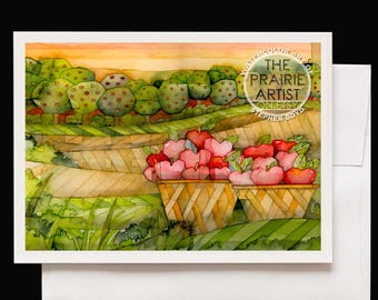Ripe Apple Harvest on Prairie Farm Watercolor Note Card, Gathering Red Apples in Autumn, Orchard Art Greeting Card, Fall Basket Notecard